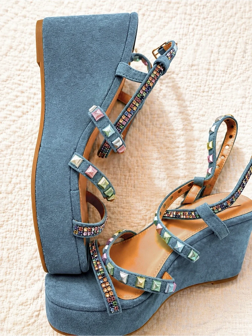 Embellished Blue Suede Platform Sandals with Beaded Straps